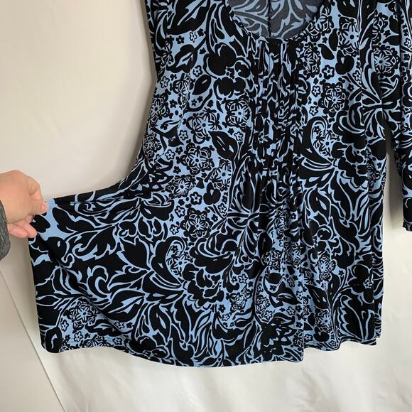 Covington Womens Plus 16-18W 2X Blue Black Flowy 3/4 Sleeve Scoop Tunic Blouse - Picture 3 of 10
